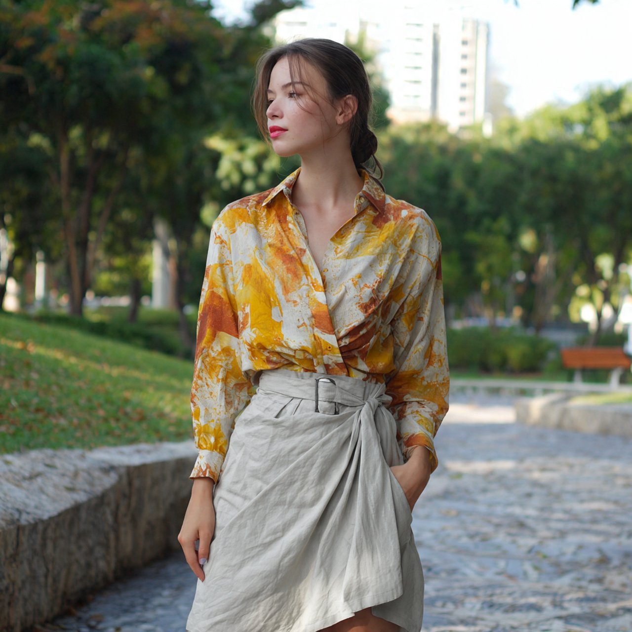 loose button down shirt with soft wrap skirt