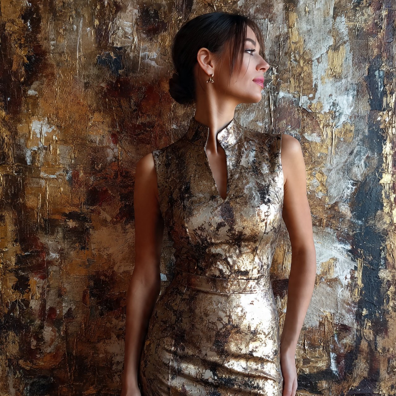 metallic gold sheath dress with cozy background