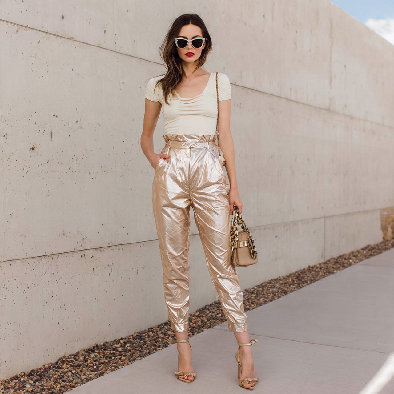 metallic pants fitted neutral top 1