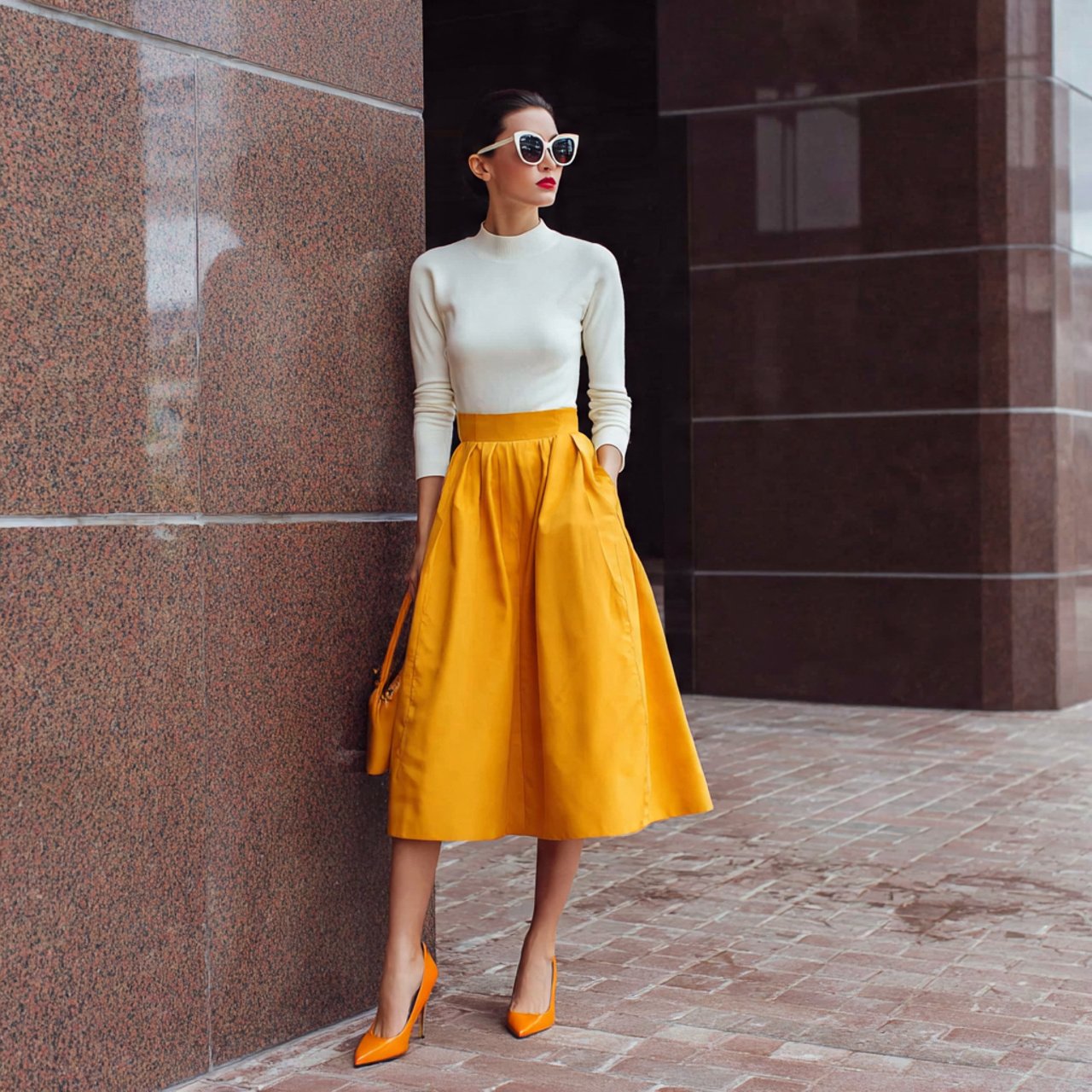 midi skirt structured knit top pointed flats 1