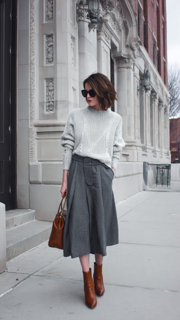 midi skirt with sweater and ankle boots
