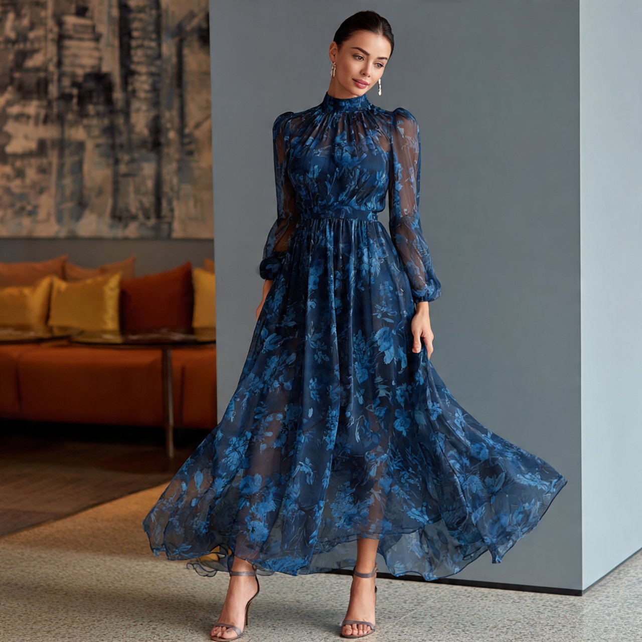 midnight blue high neck chiffon maxi dress with co