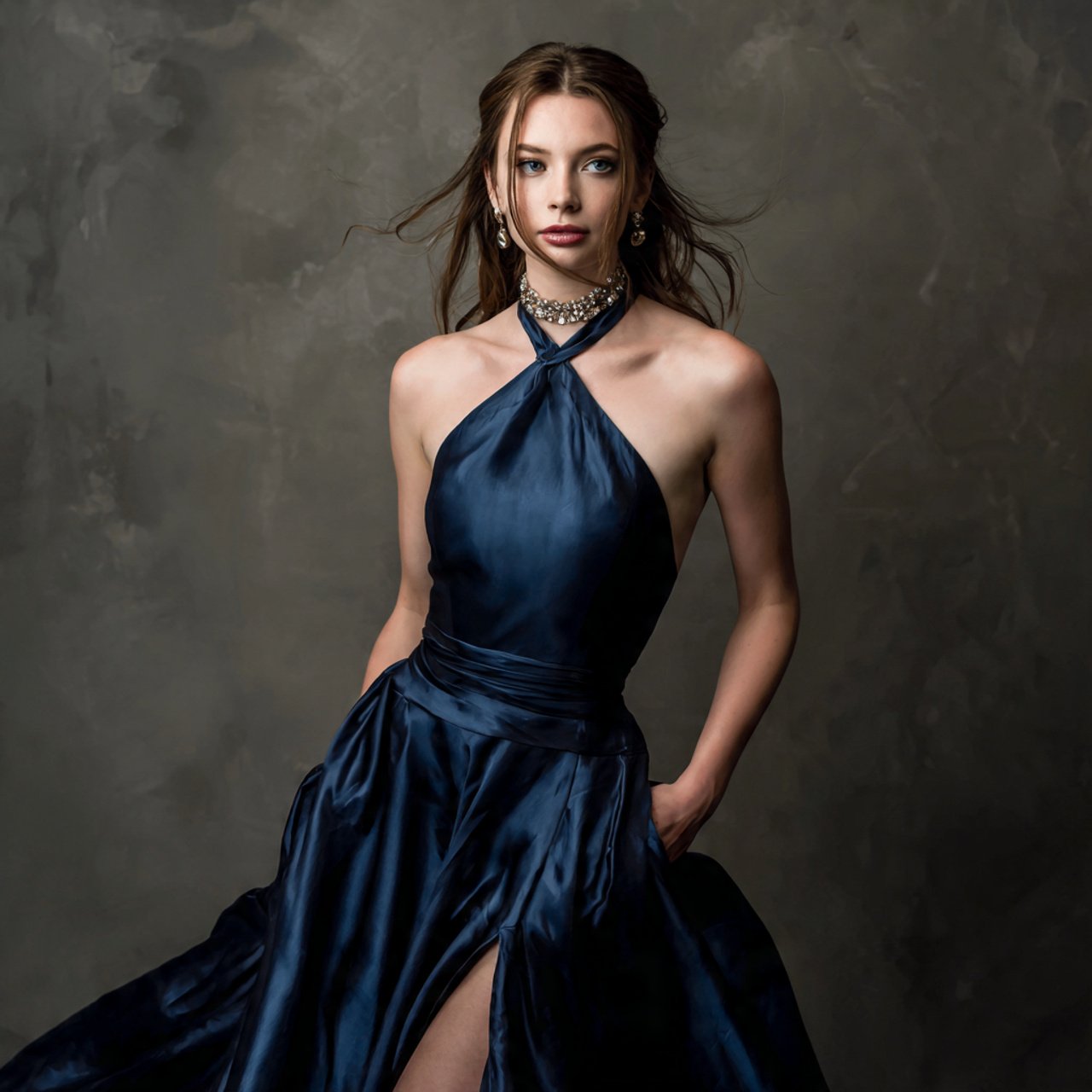 midnight blue satin halter gown with cozy backgrou