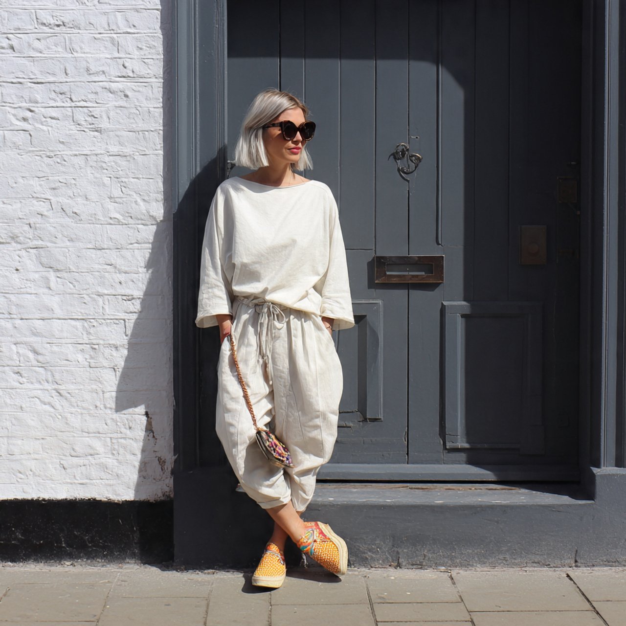 minimal base outfit with statement fabric piece