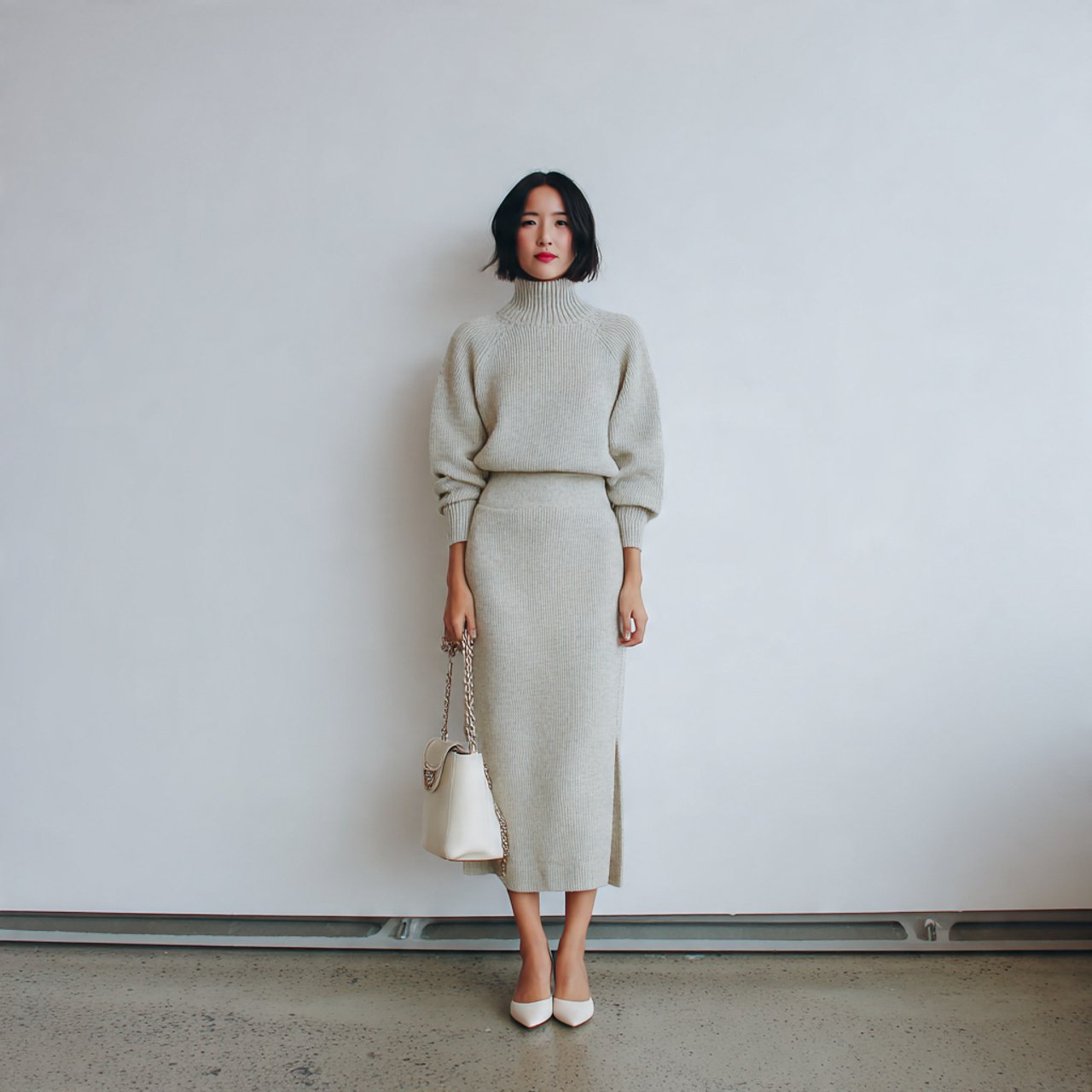 minimal knit midi with clean lines with cozy backg