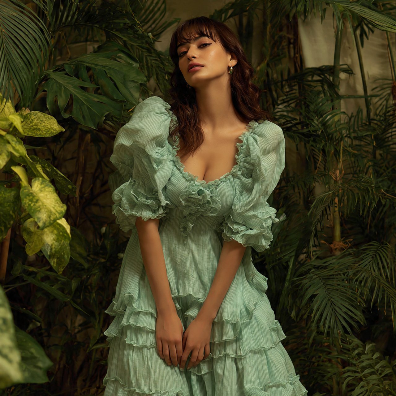 mint green ruffle dress with sleeves with cozy bac