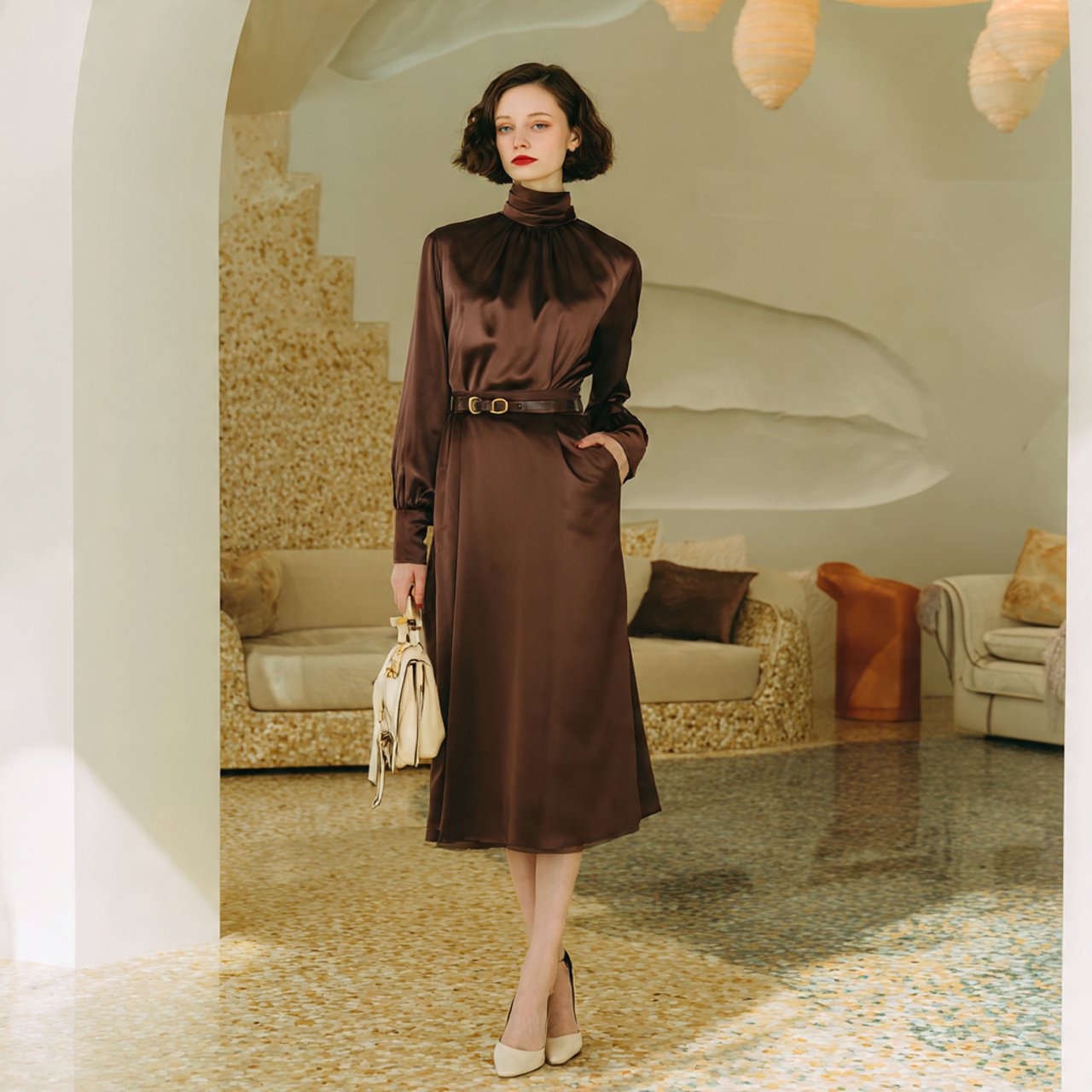 mocha silk mock neck midi dress with cozy backgrou