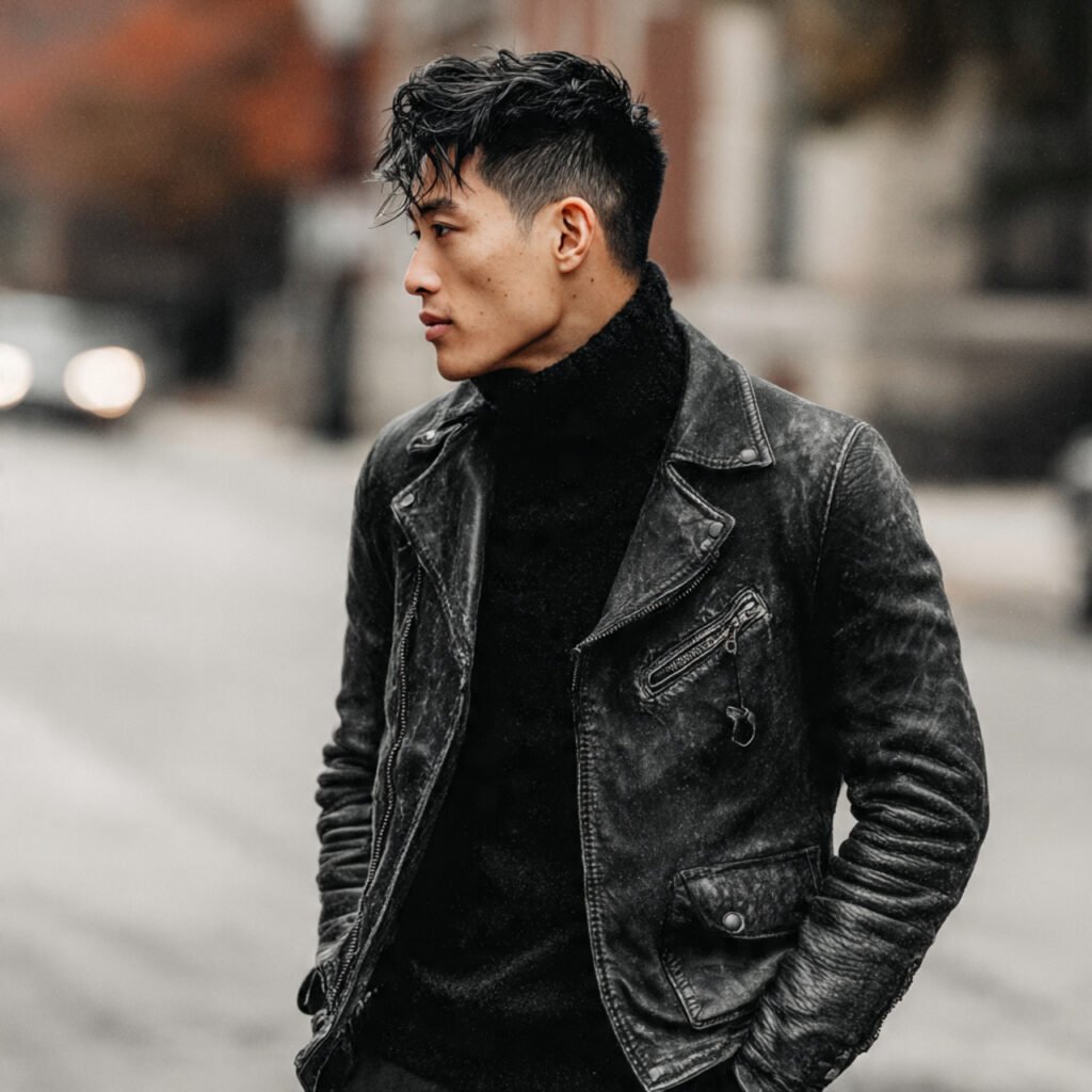modern turtleneck leather jacket