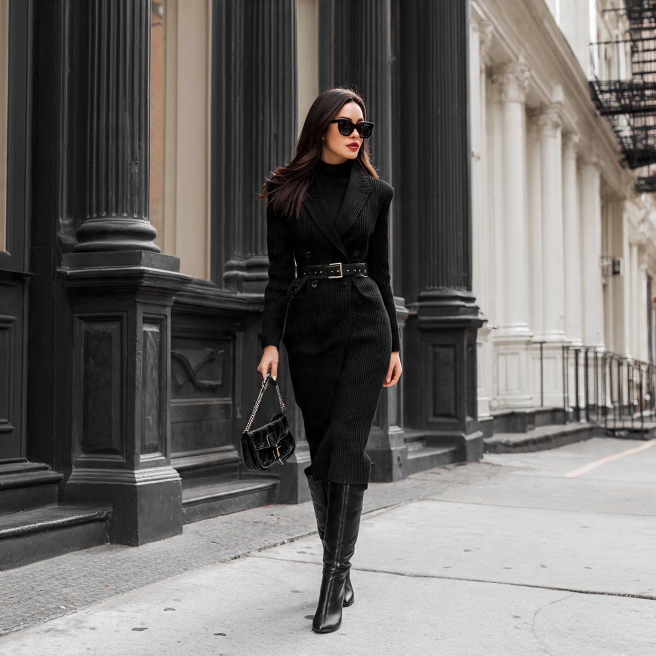 monochrome black blazer knit midi dress knee high