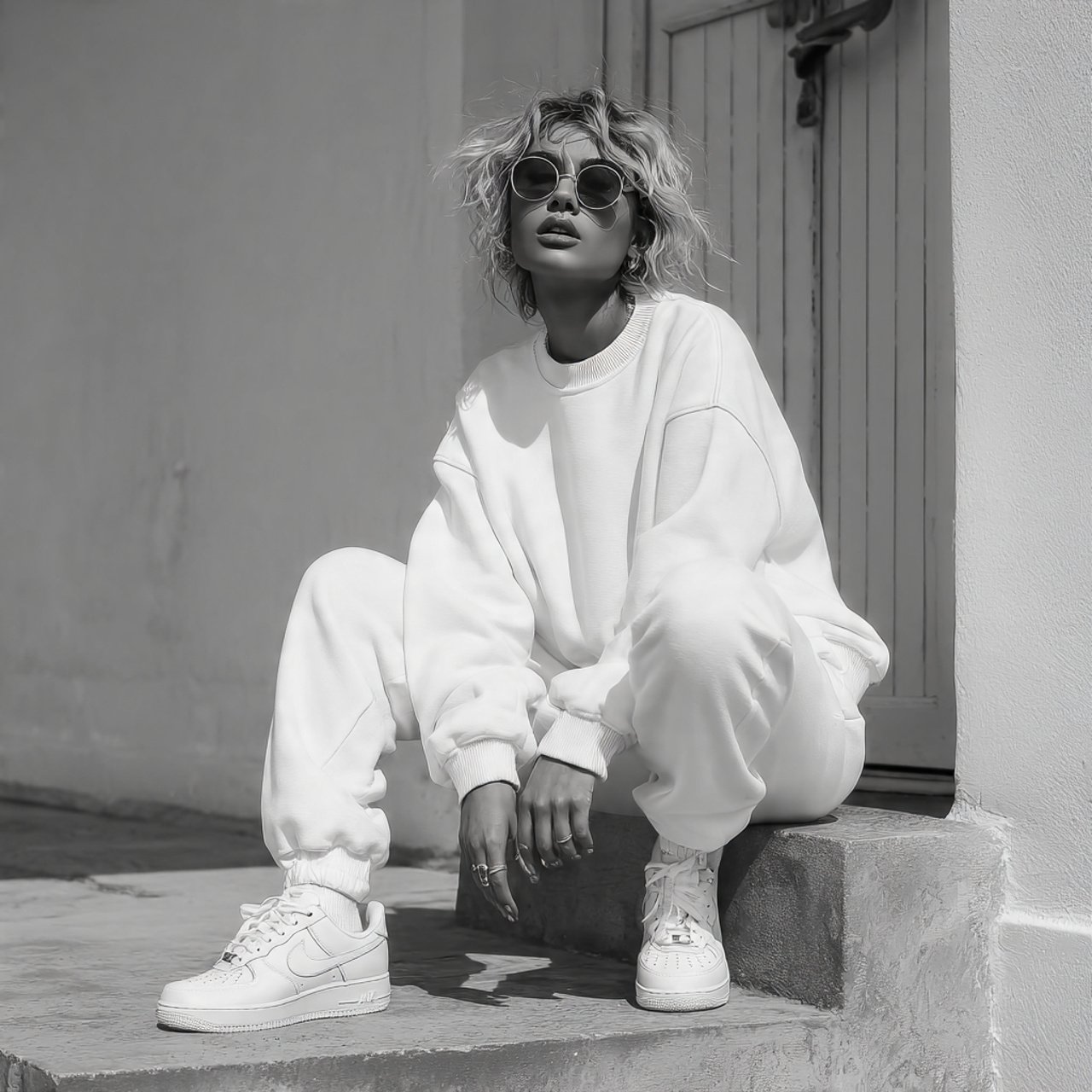 monochrome sweat set clean white sneakers