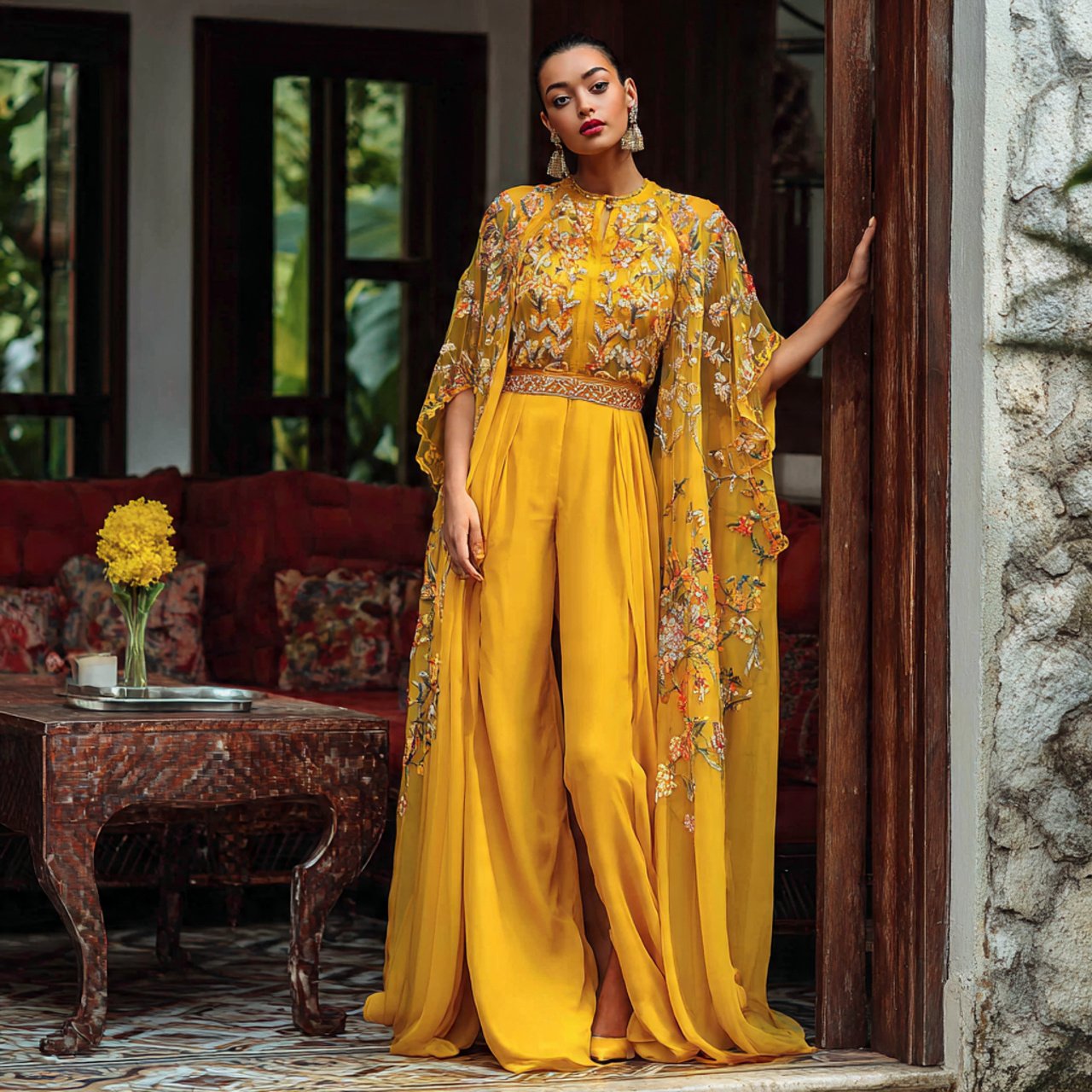 mustard cape set wedding guest dress indian style
