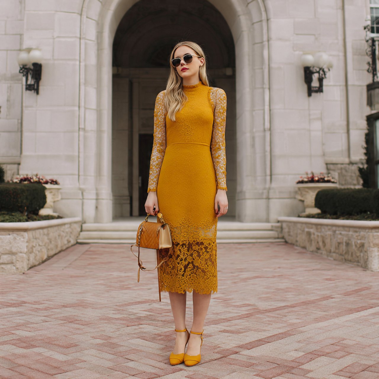 mustard yellow midi dress with lace overlay with c