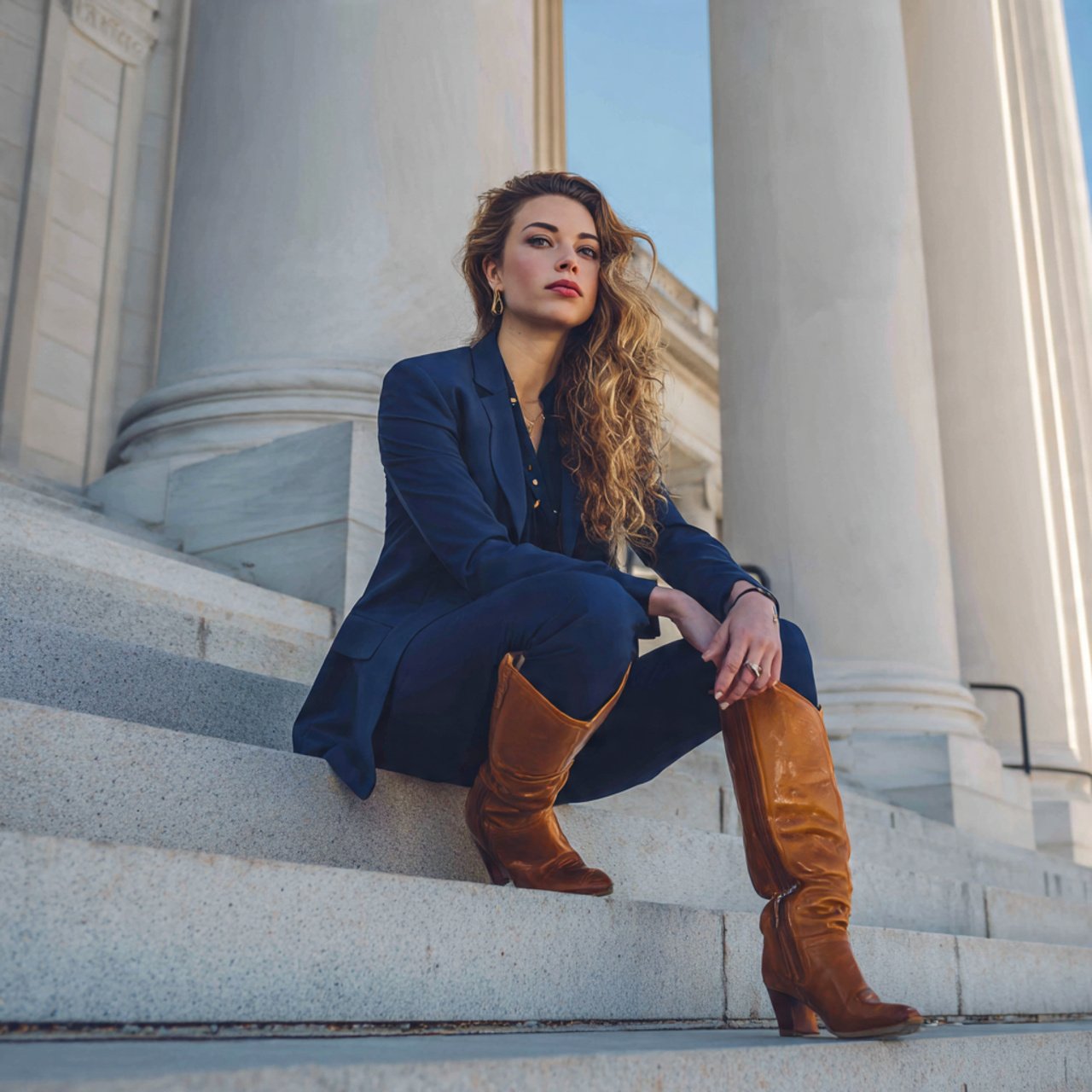 navy column set blazer sleek boots