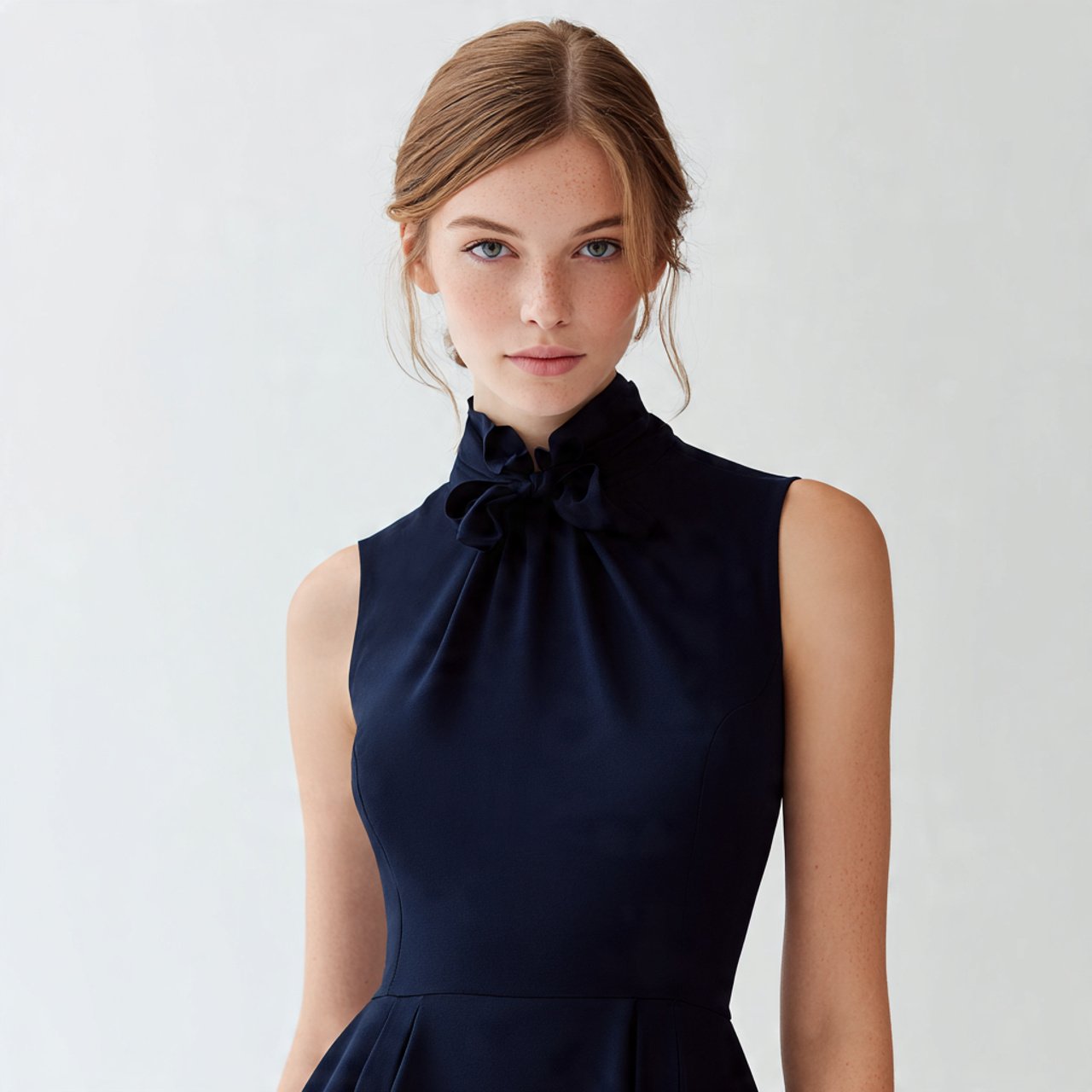 navy crepe a line dress with high neck