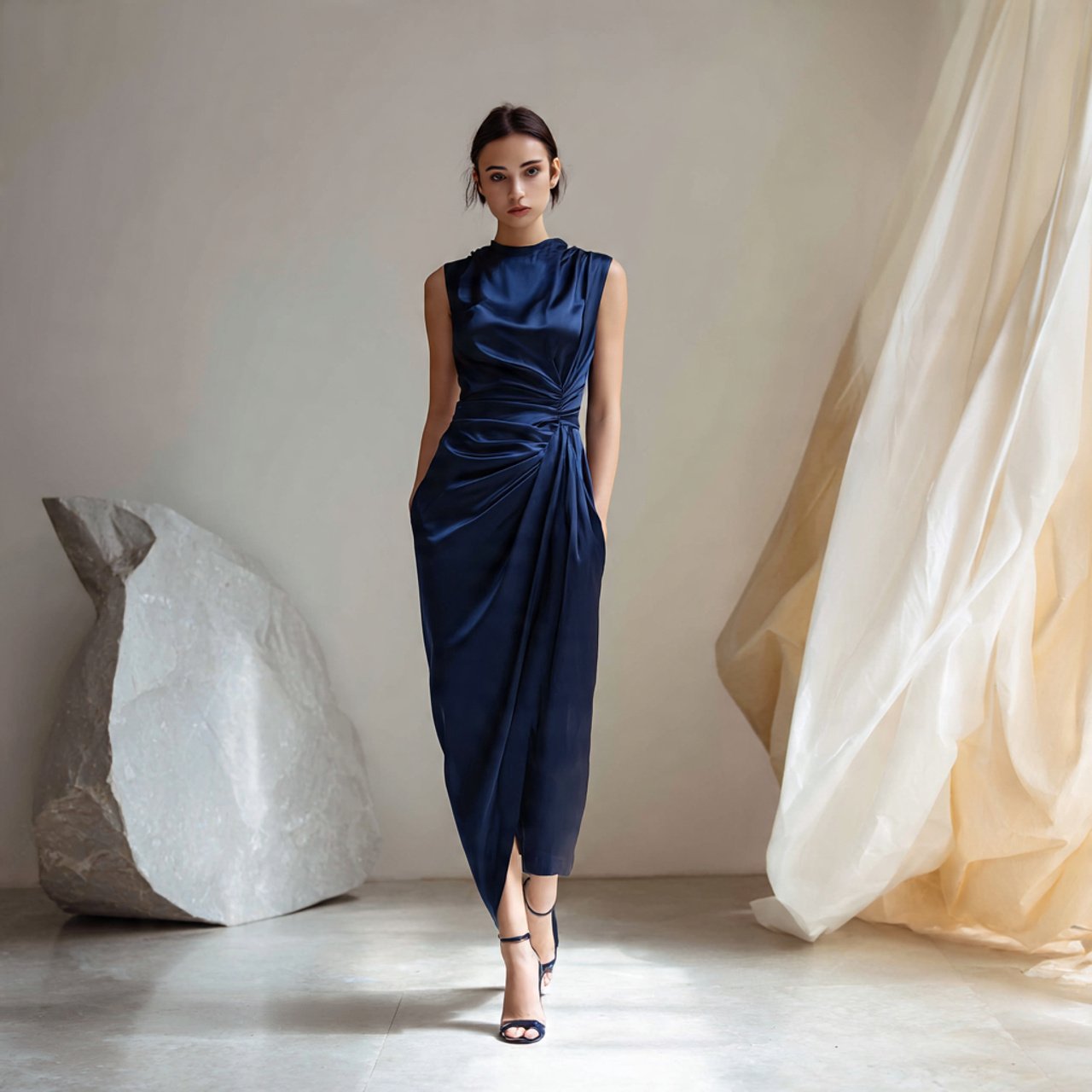 navy satin column dress with soft drape with cozy