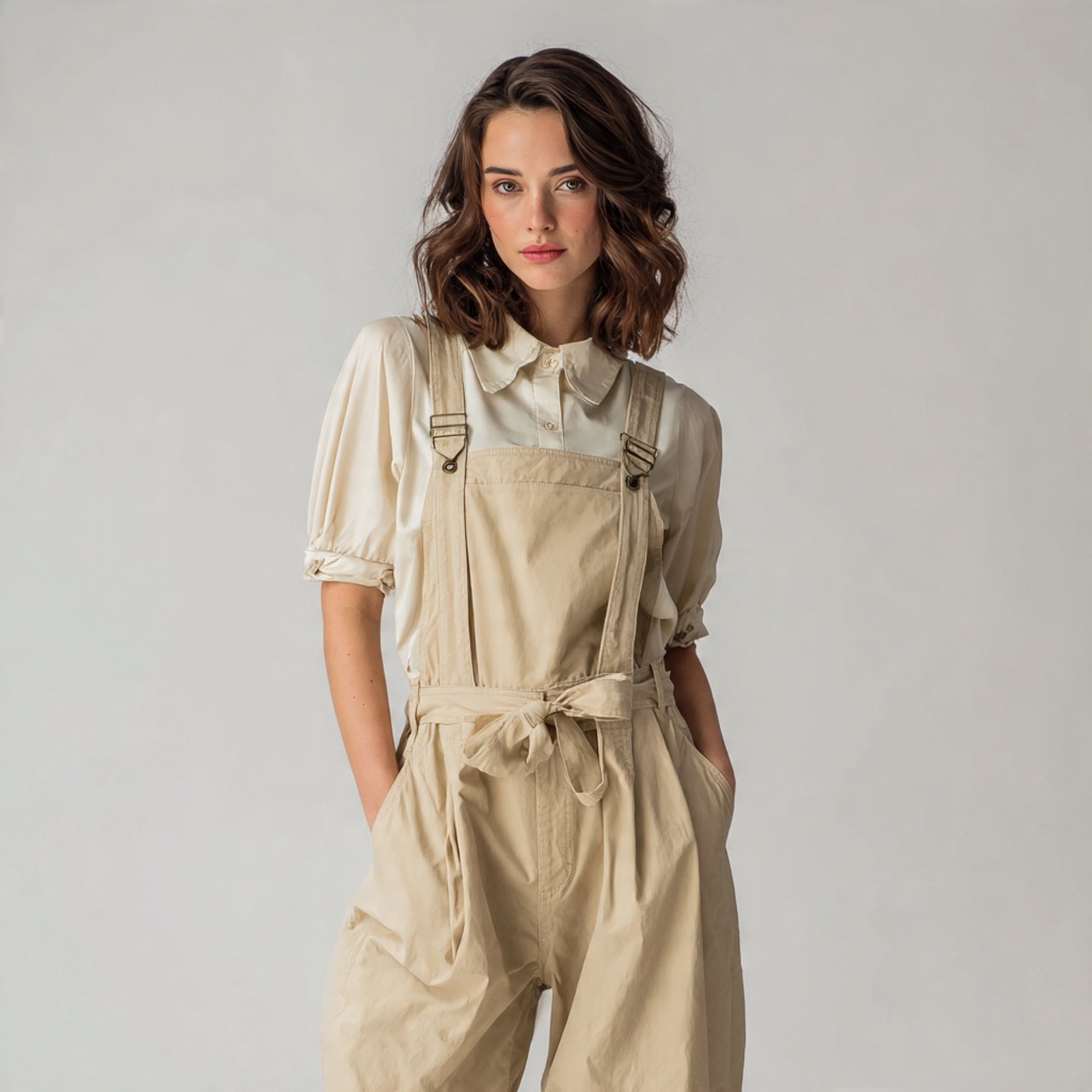 neutral cotton overalls with soft blouse for woman