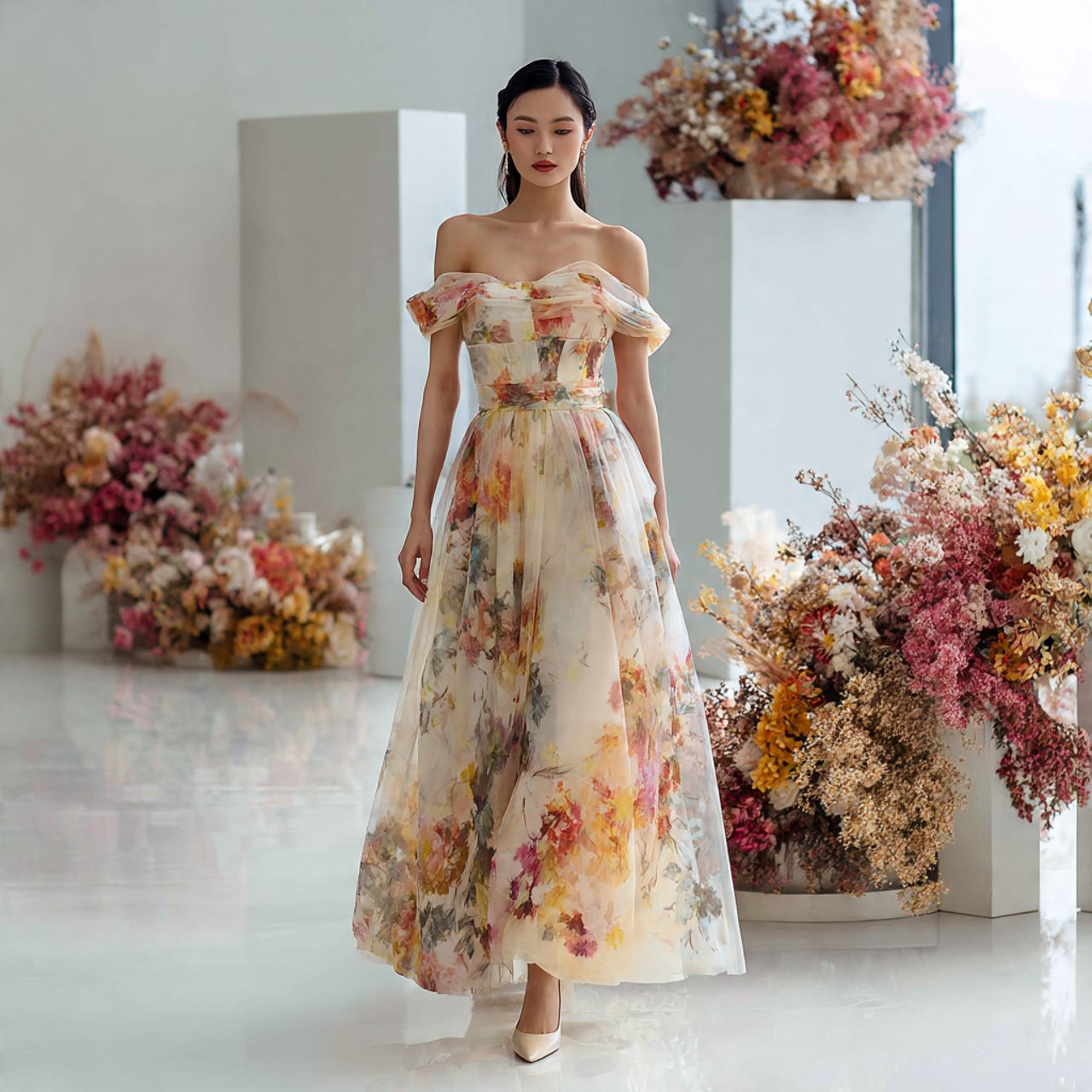 off shoulder a line midaxi in tulle overlay with w