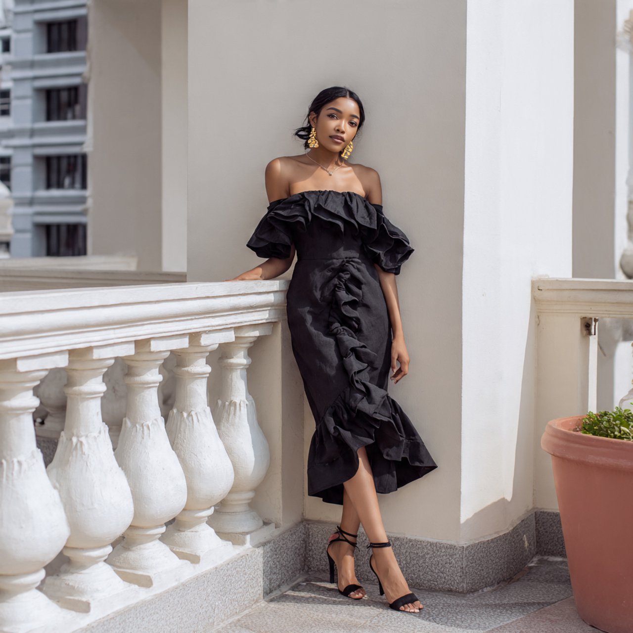 off shoulder midi with edited ruffle