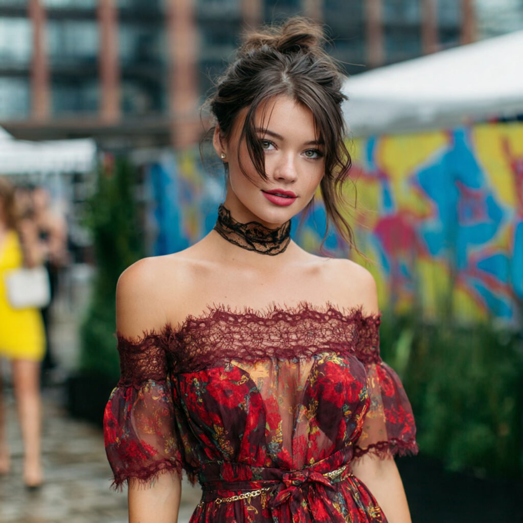 off the shoulder chiffon dress with lace detailing