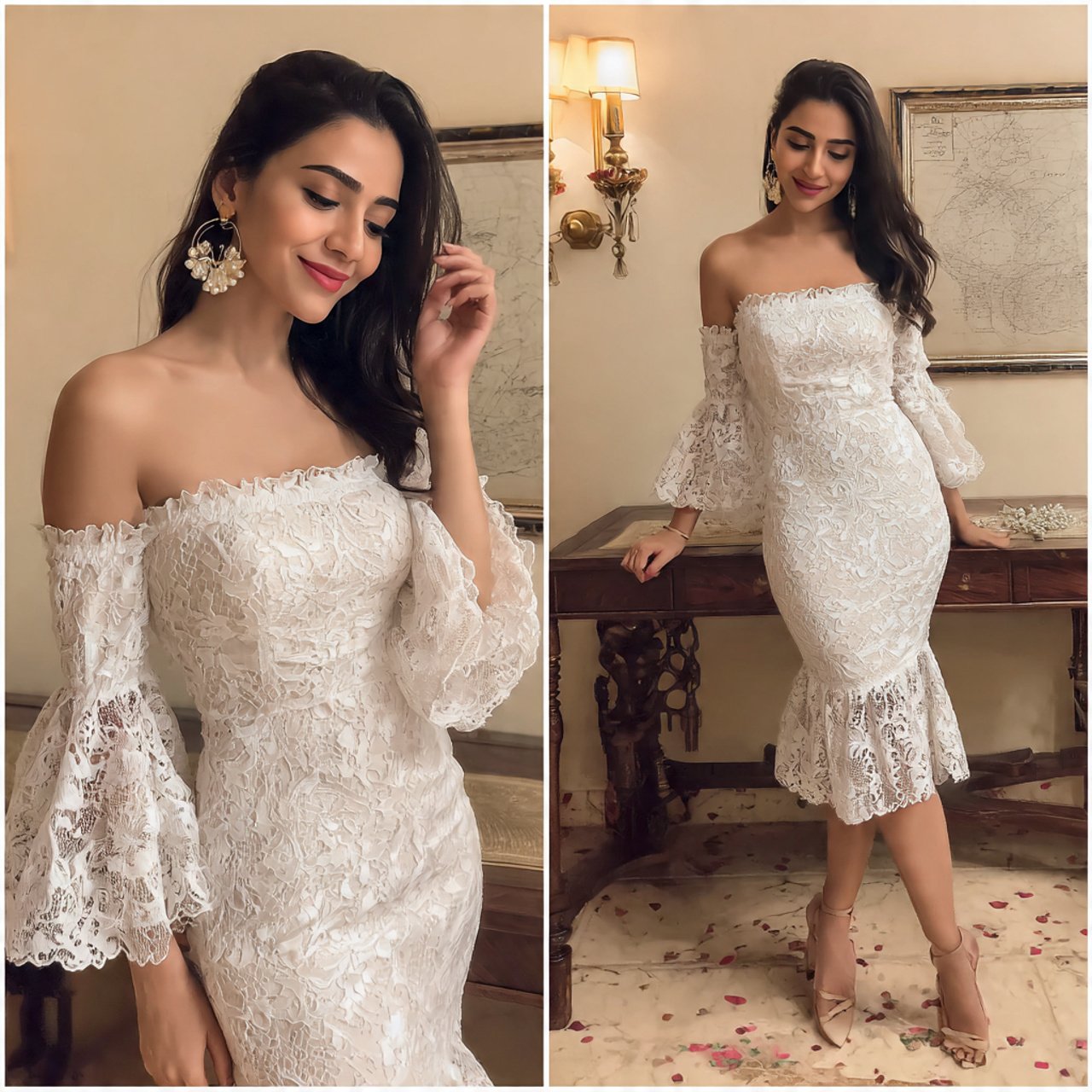 off the shoulder lace dress with bell sleeves with