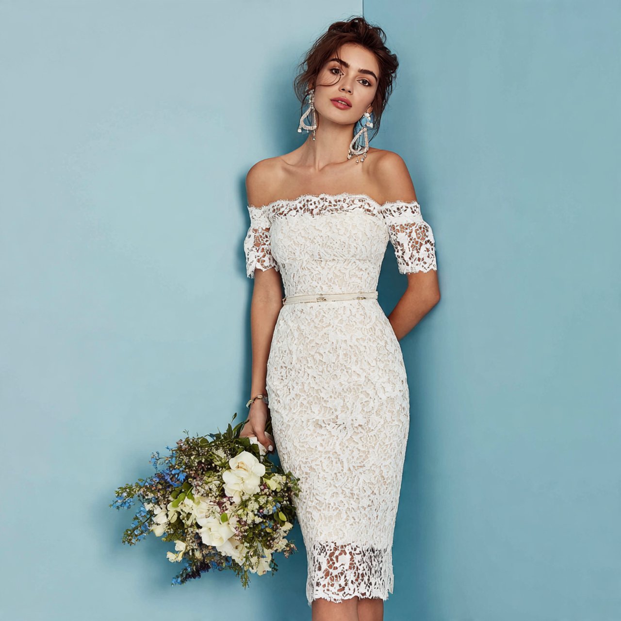off the shoulder lace midi dress with wedding back