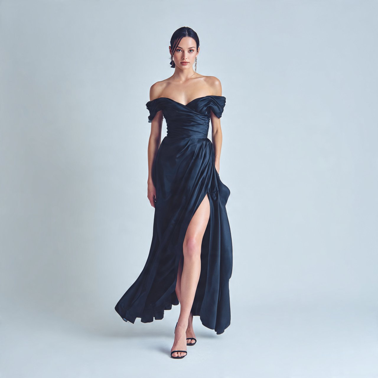 off the shoulder silk dress with high slit