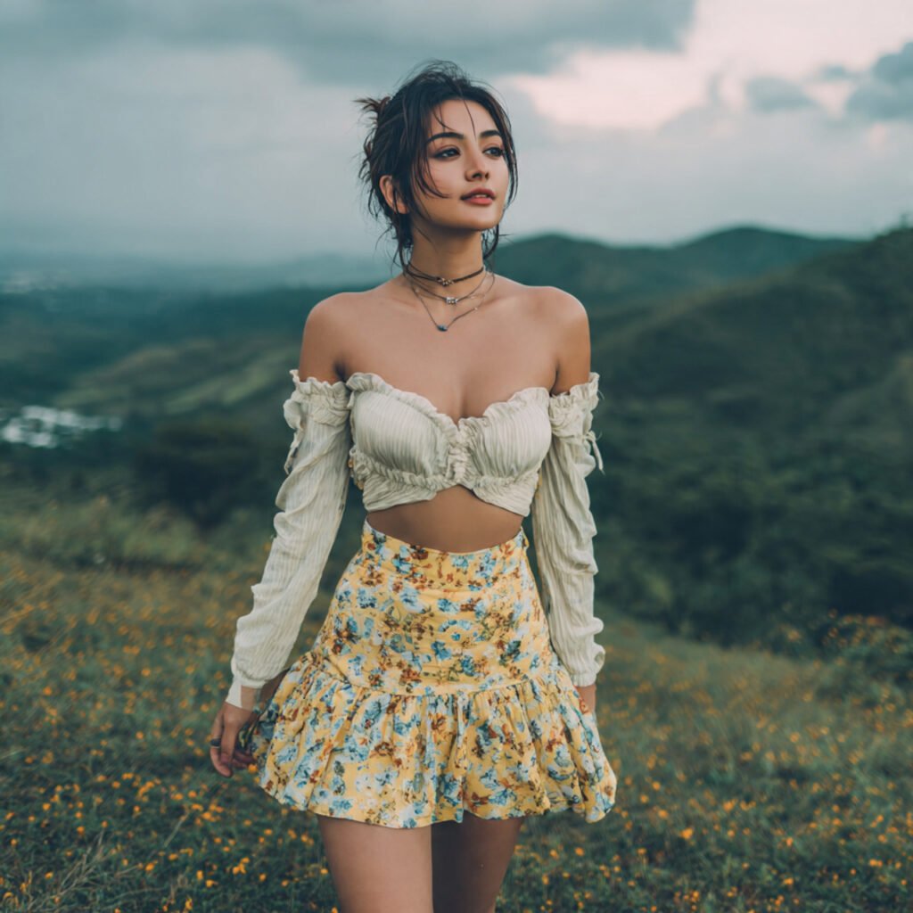 off shoulder top with flared skirt