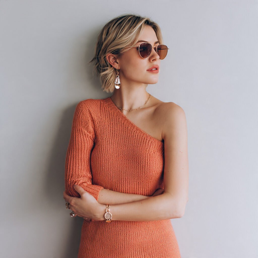 one shoulder knit dress minimal accessories