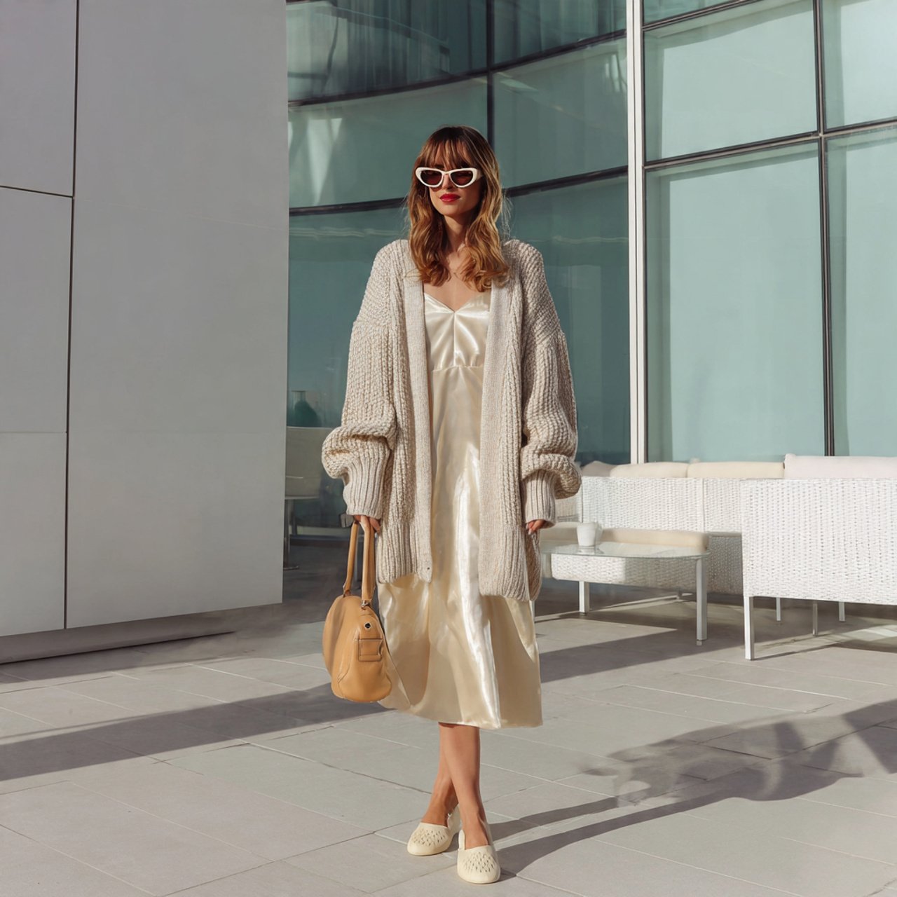 oversized cardigan over a soft midi dress