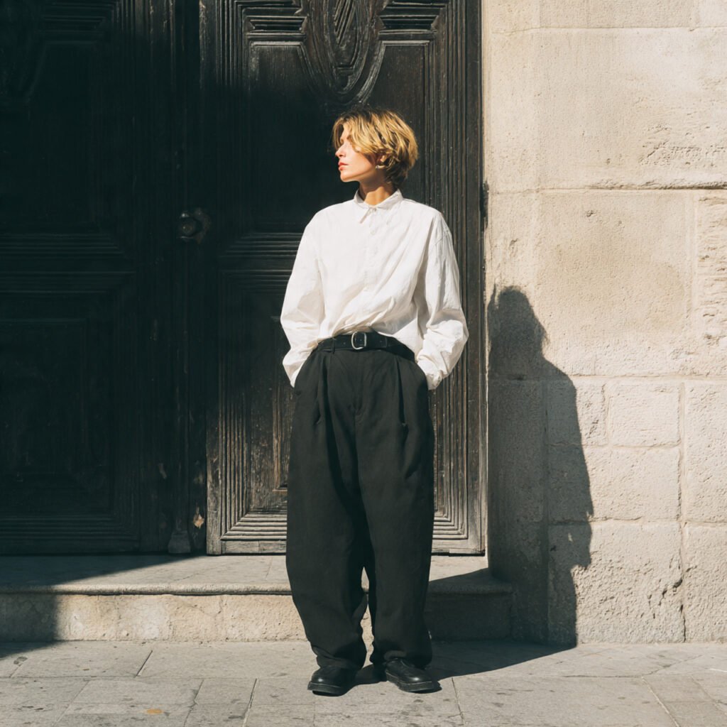 oversized shirt and fluid trousers 1