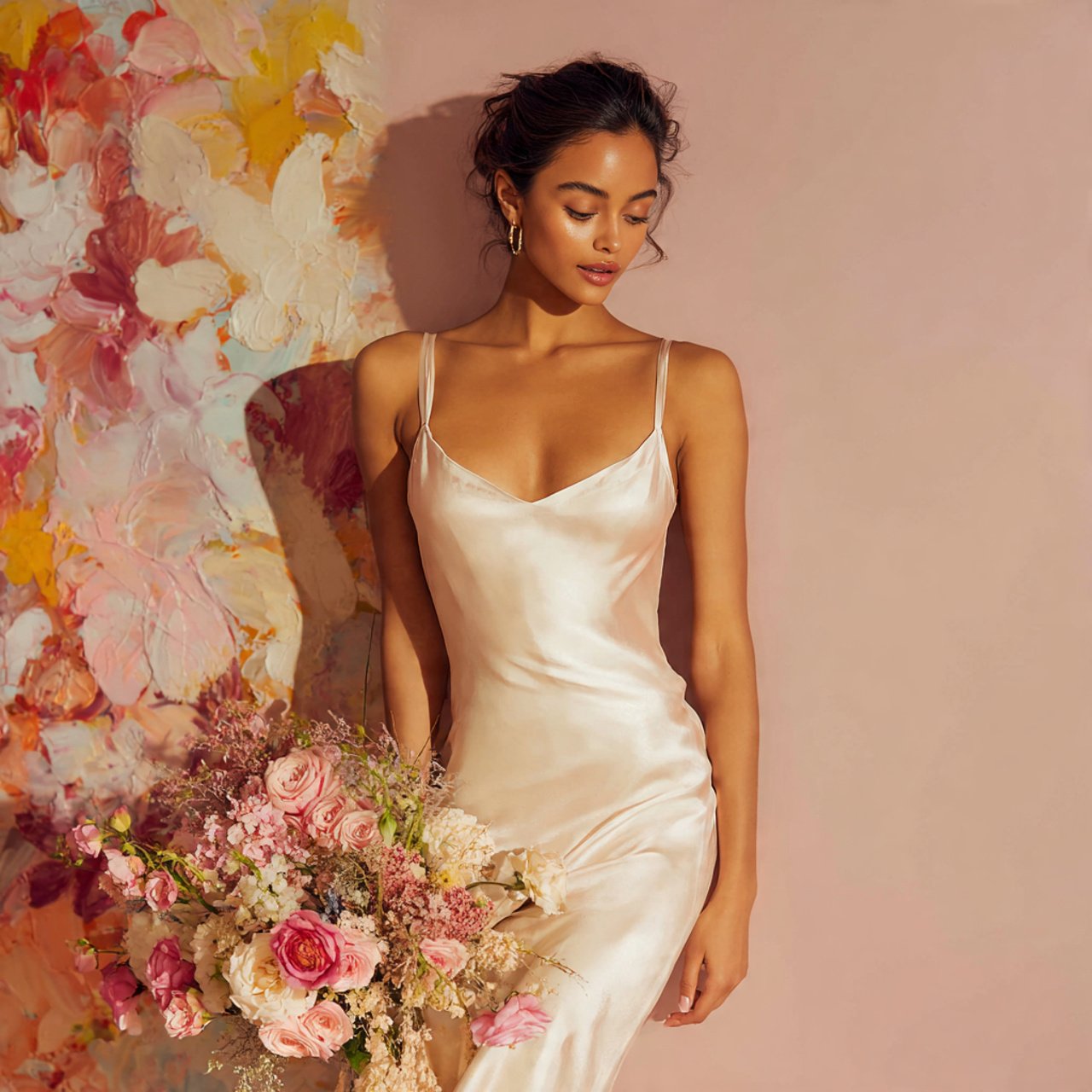 pastel satin slip dress with wedding background