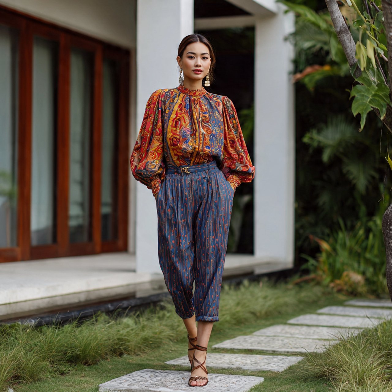 peasant blouse with tapered relaxed pants