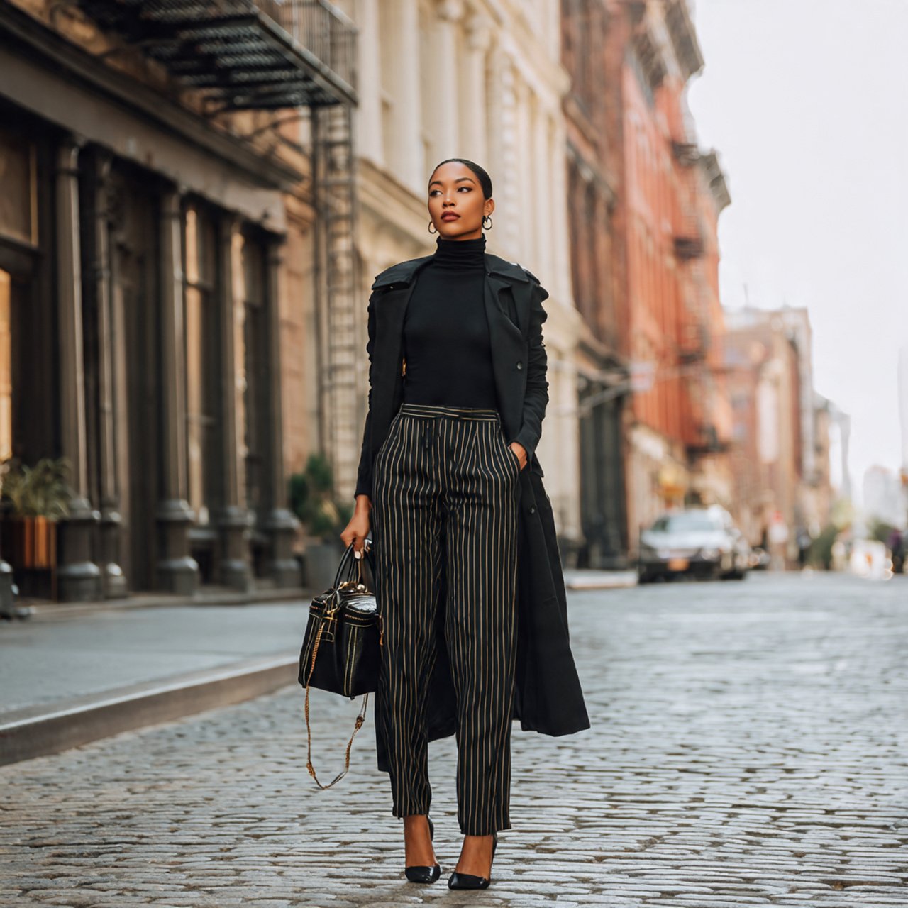 pinstripe trousers fitted black turtleneck trench