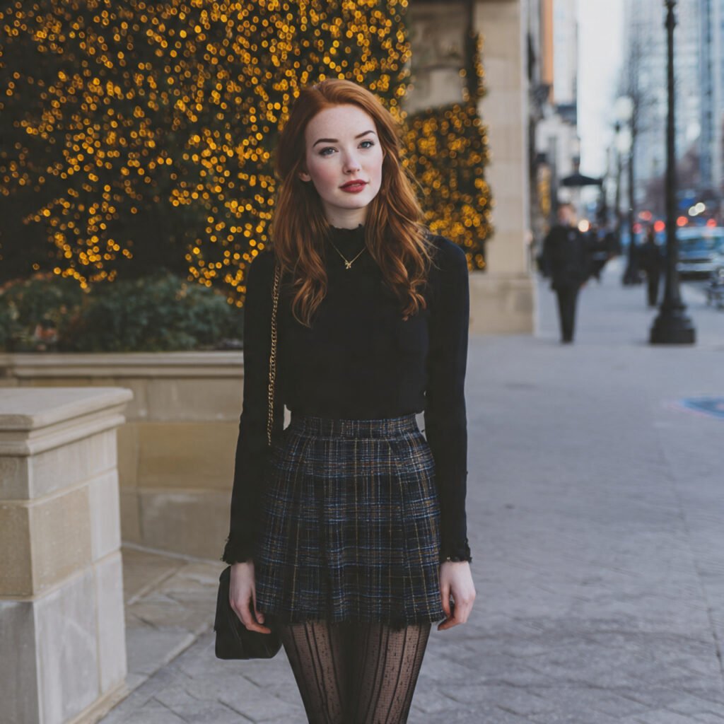plaid skirt black knit structured tights