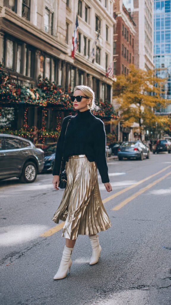 pleated skirt with cashmere sweater