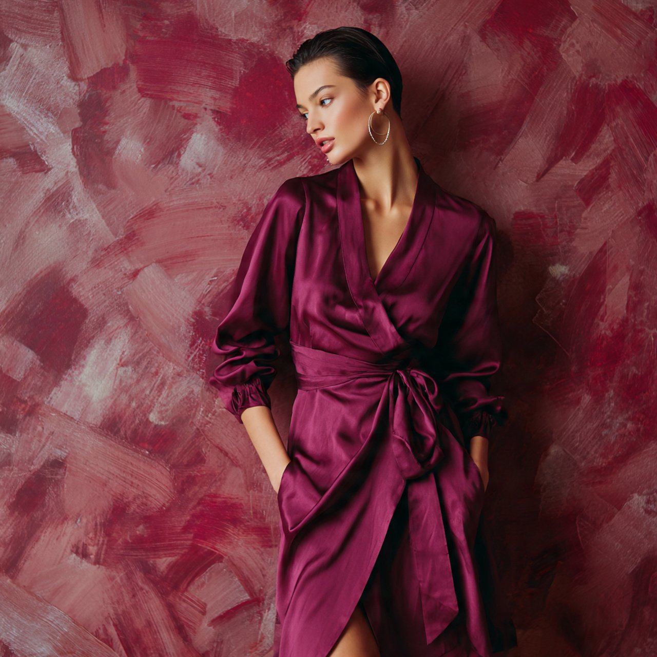 plum colored satin wrap dress with cozy background