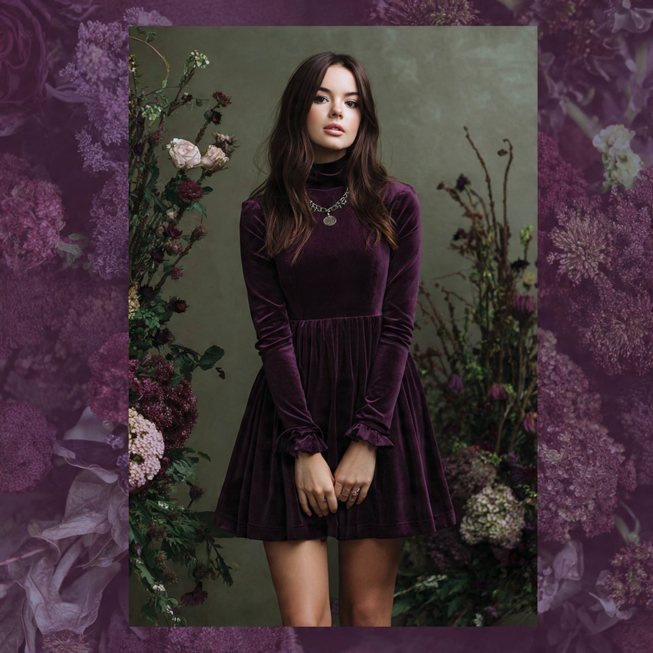 plum velvet a line dress cozy background