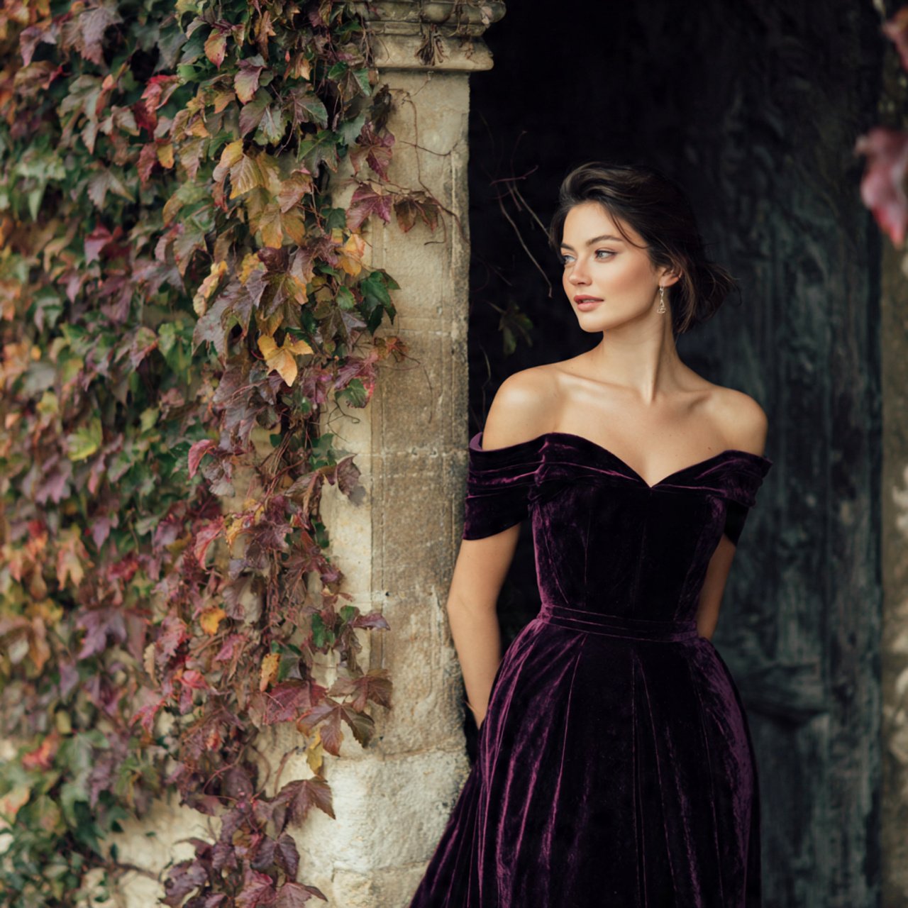 plum velvet off the shoulder gown with cozy backgr
