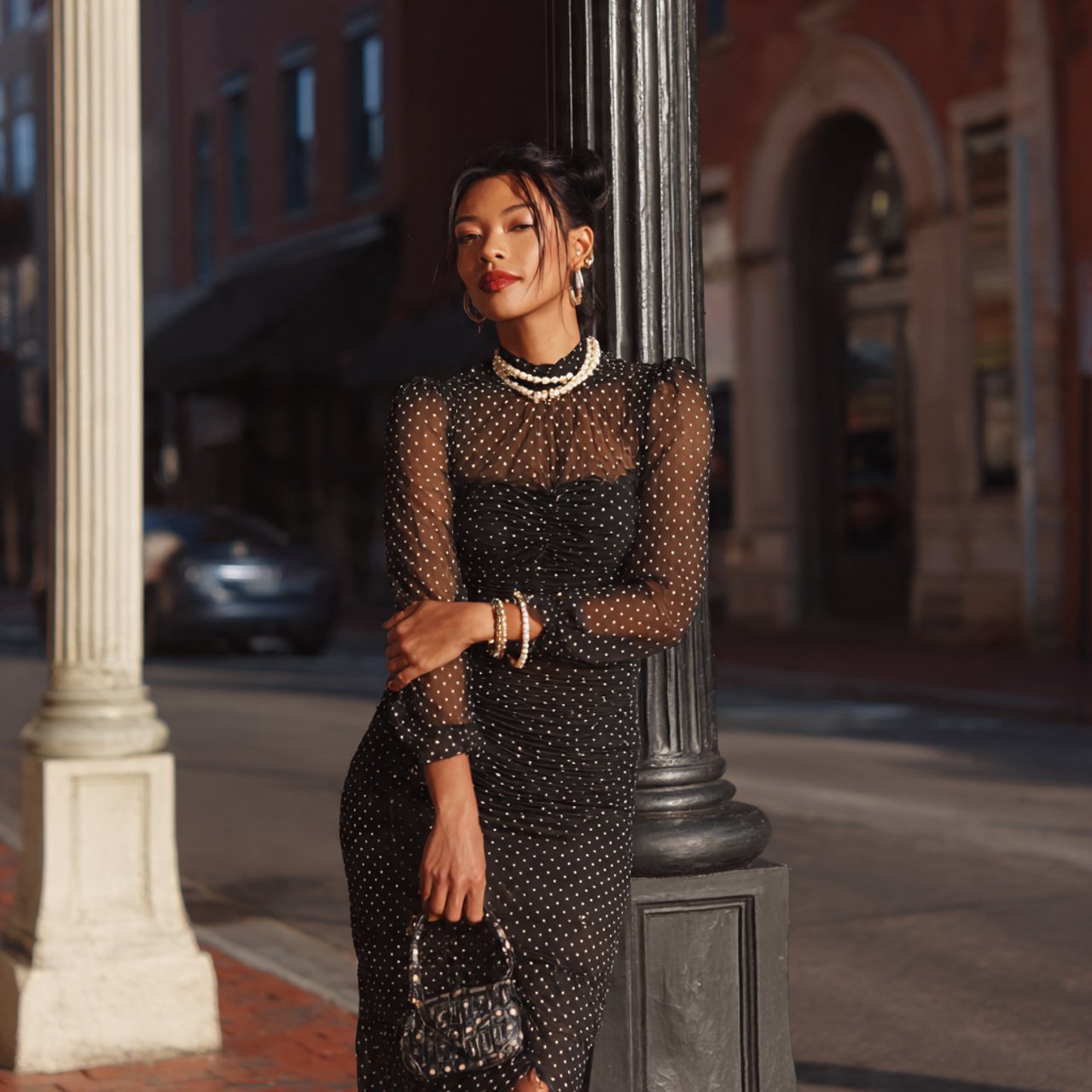 polka dot mesh ruched midi playful but refined wit