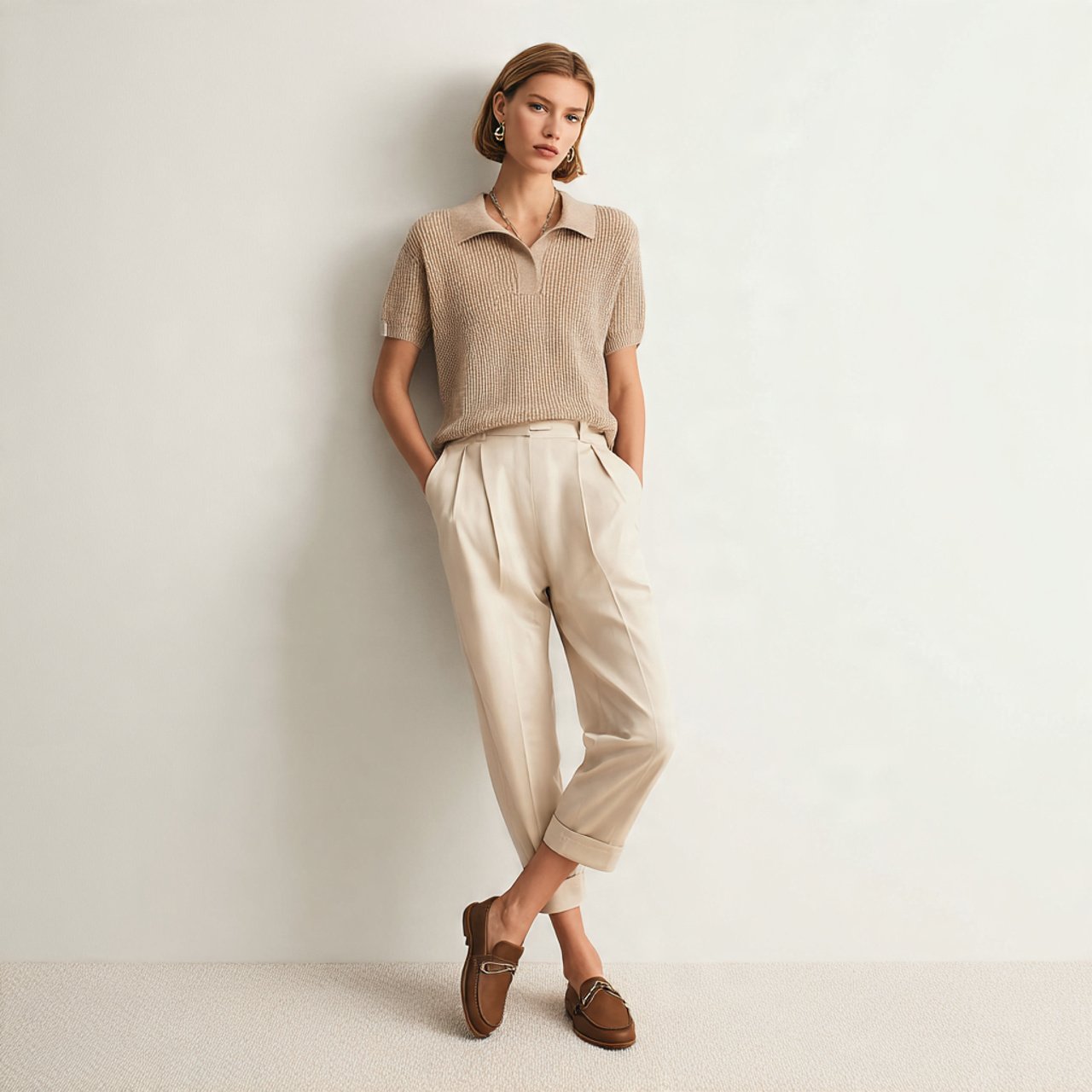 polo knit top straight trousers loafers a woman im