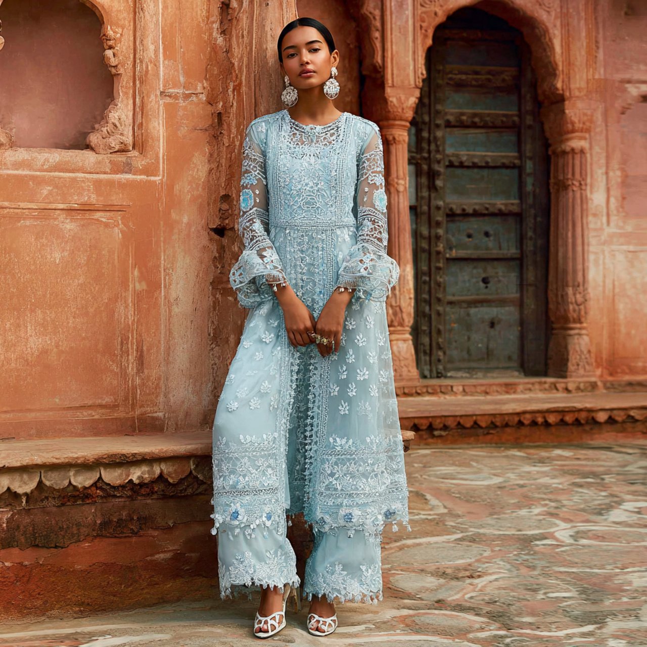 powder blue chikankari wedding guest dress indian