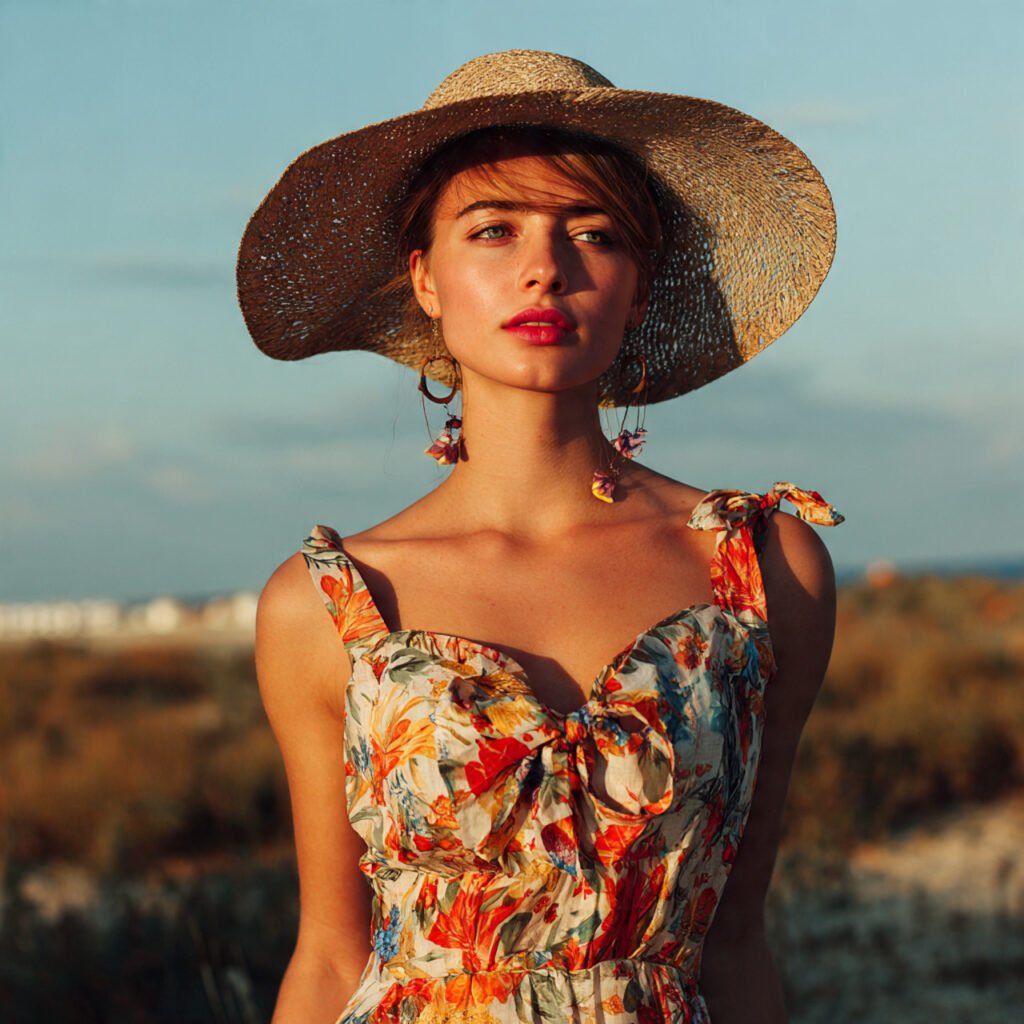 printed sundress with wide brimmed hat