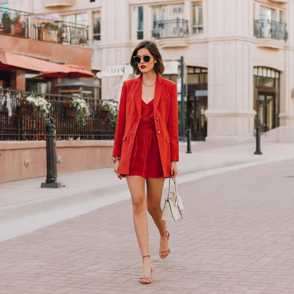 red mini dress oversized blazer strappy heels