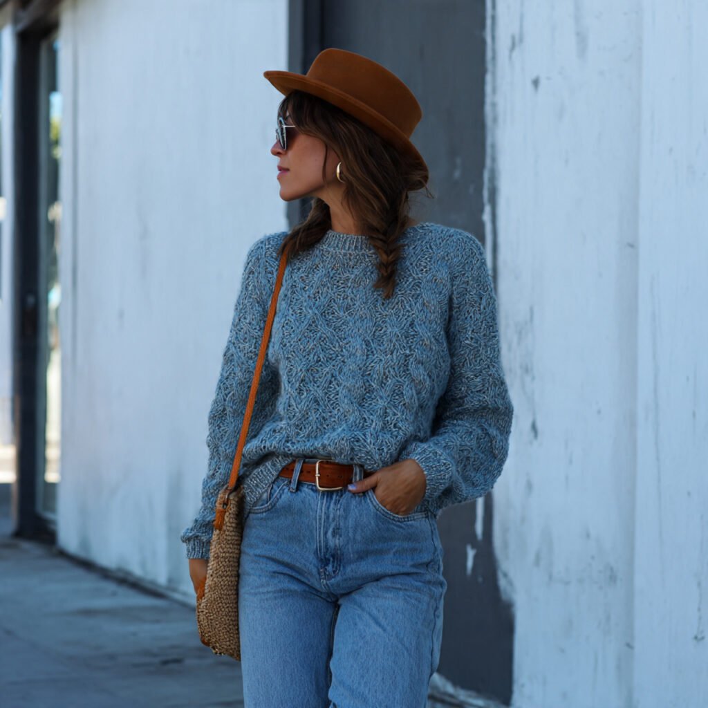 relaxed denim with knit sweater wearing a woman