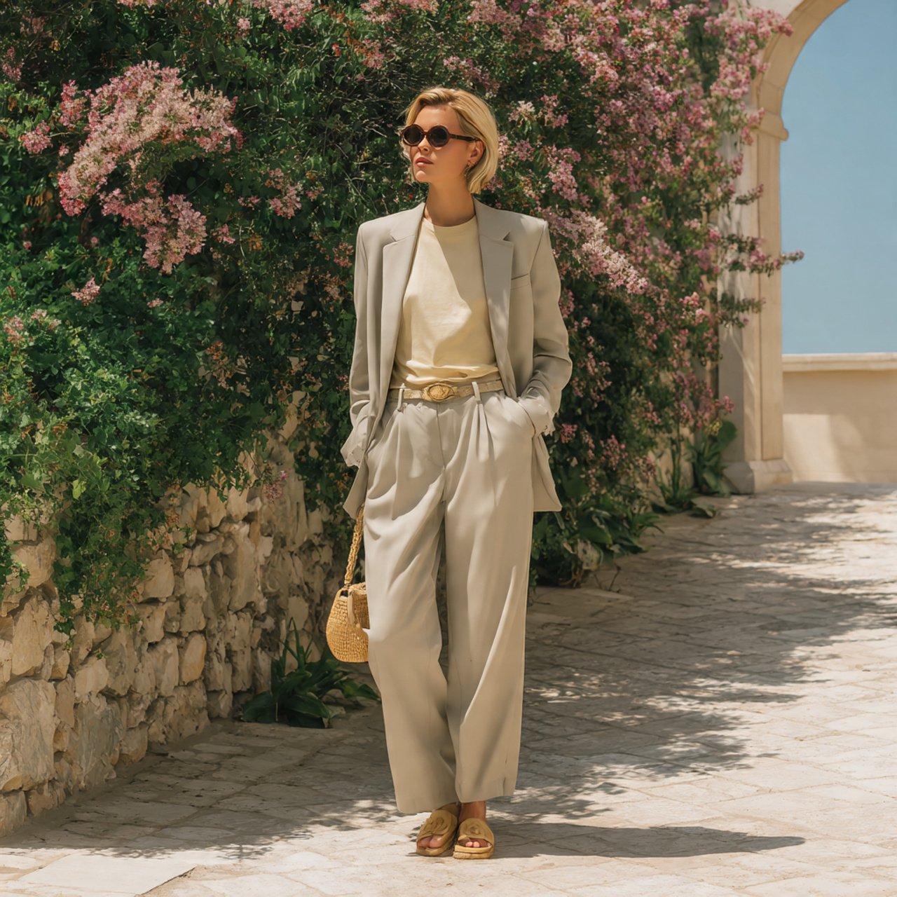 relaxed neutral suit with modern cut