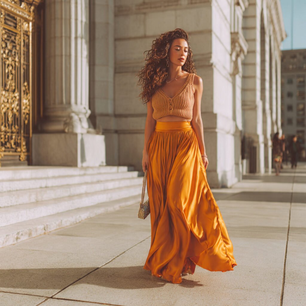 ribbed knit top satin maxi skirt