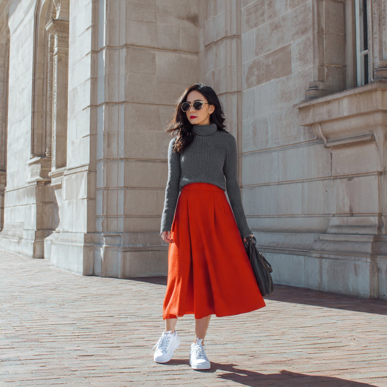 ribbed top a line midi skirt sneakers
