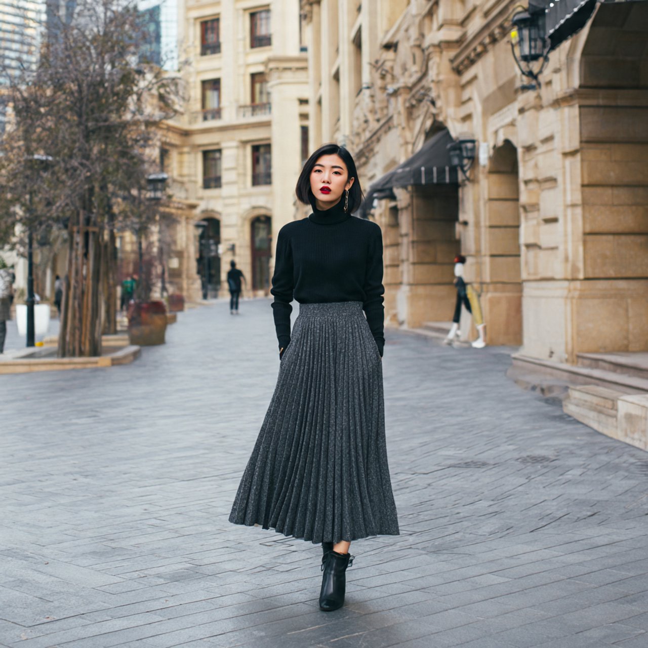 ribbed turtleneck pleated midi skirt low boots