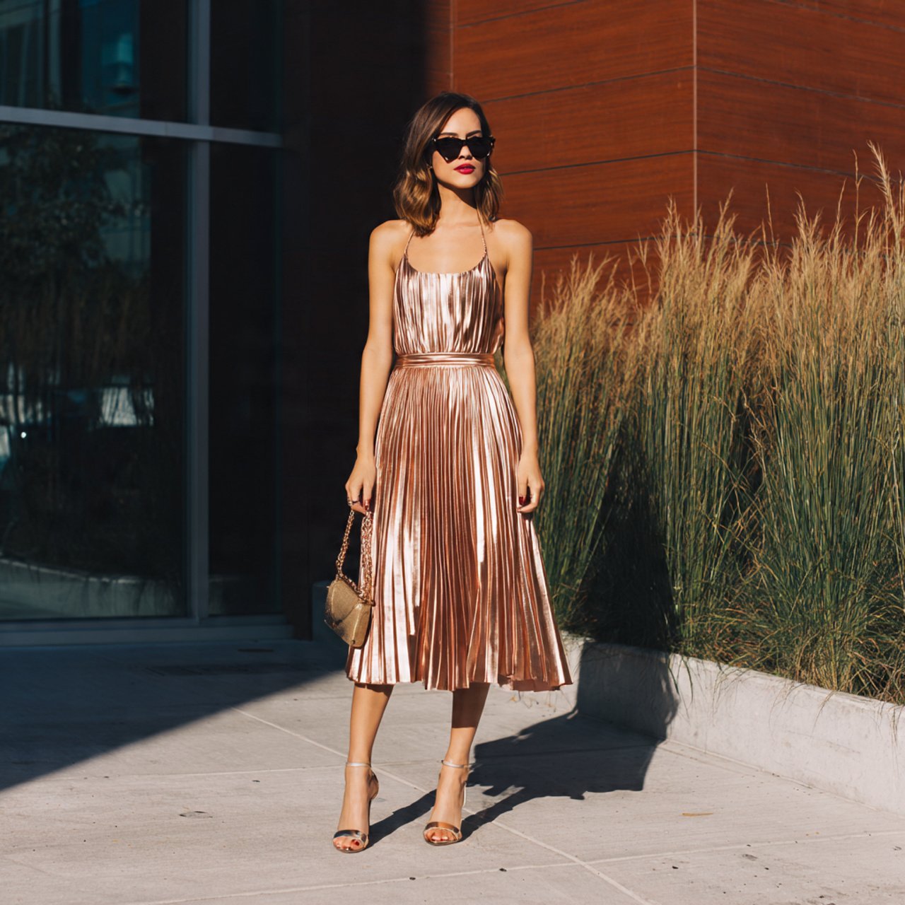 rose gold metallic pleated midi dress