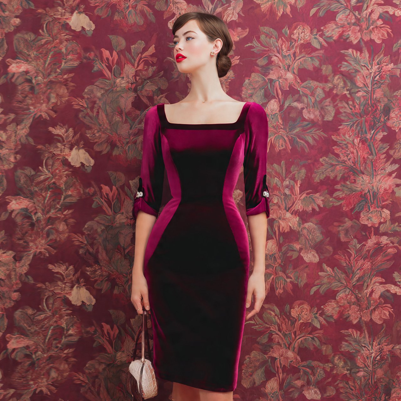 ruby velvet sheath dress with elbow sleeves with b